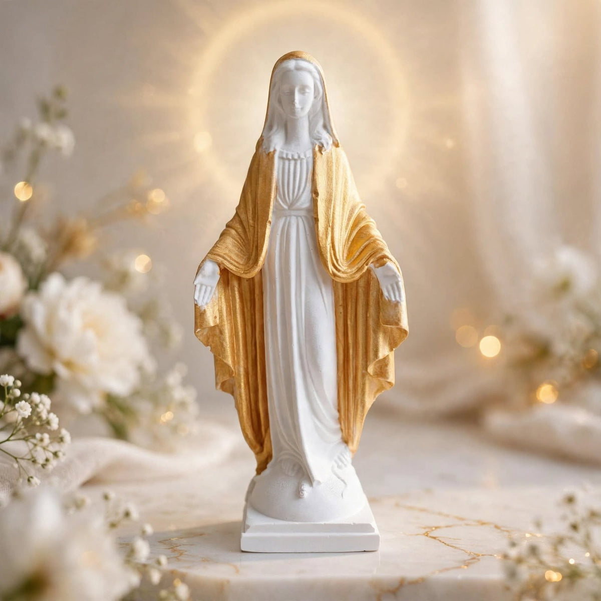 Statue de la Vierge Marie en Résine Naturelle et Or (13 cm) – Création Spirituelle Écoresponsable